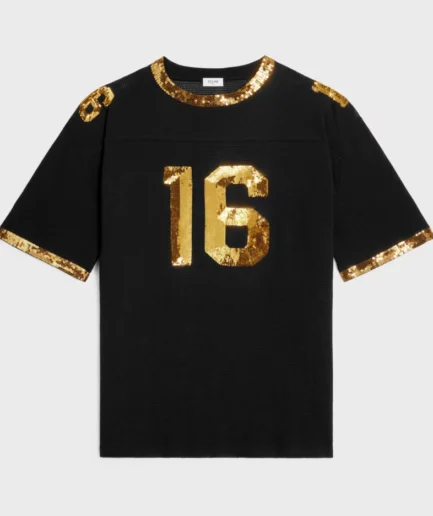 CELINE 16 EMBROIDERED T SHIRT IN JERSEY BLACK GOLD